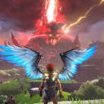 Immortals Fenyx Rising protagonist in front of volcano